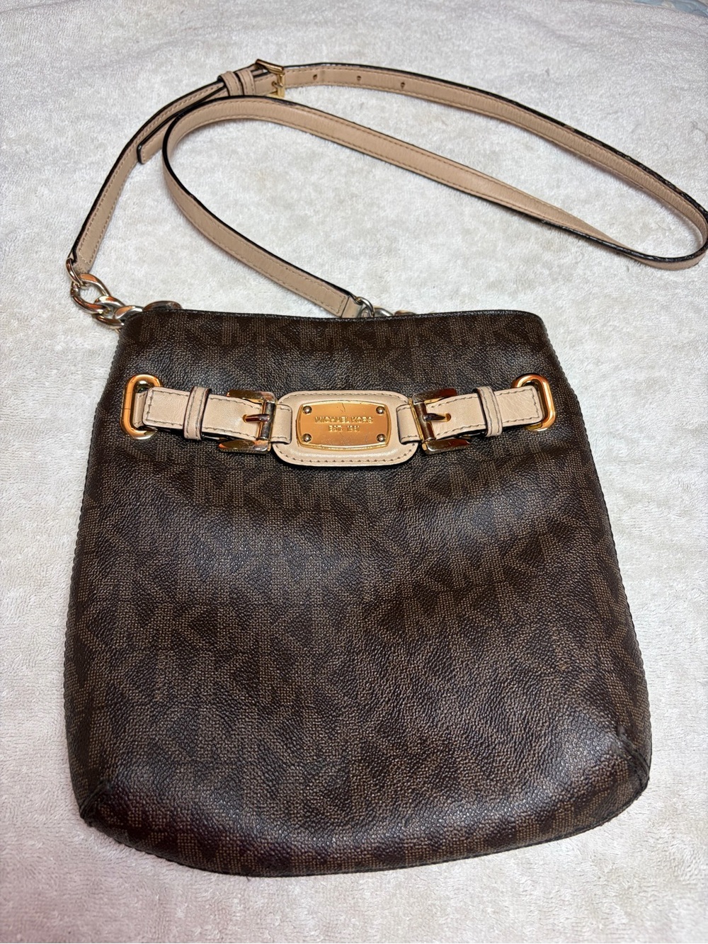 Michael Kors Brown Crossbody with Beige Strap and Gold Hardware